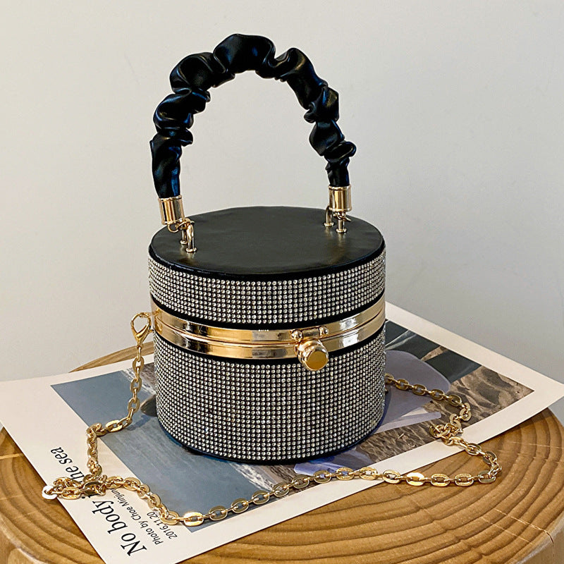 Women Sparkling Diamond Bucket Bag Pleated Chain Shoulder Bag 7