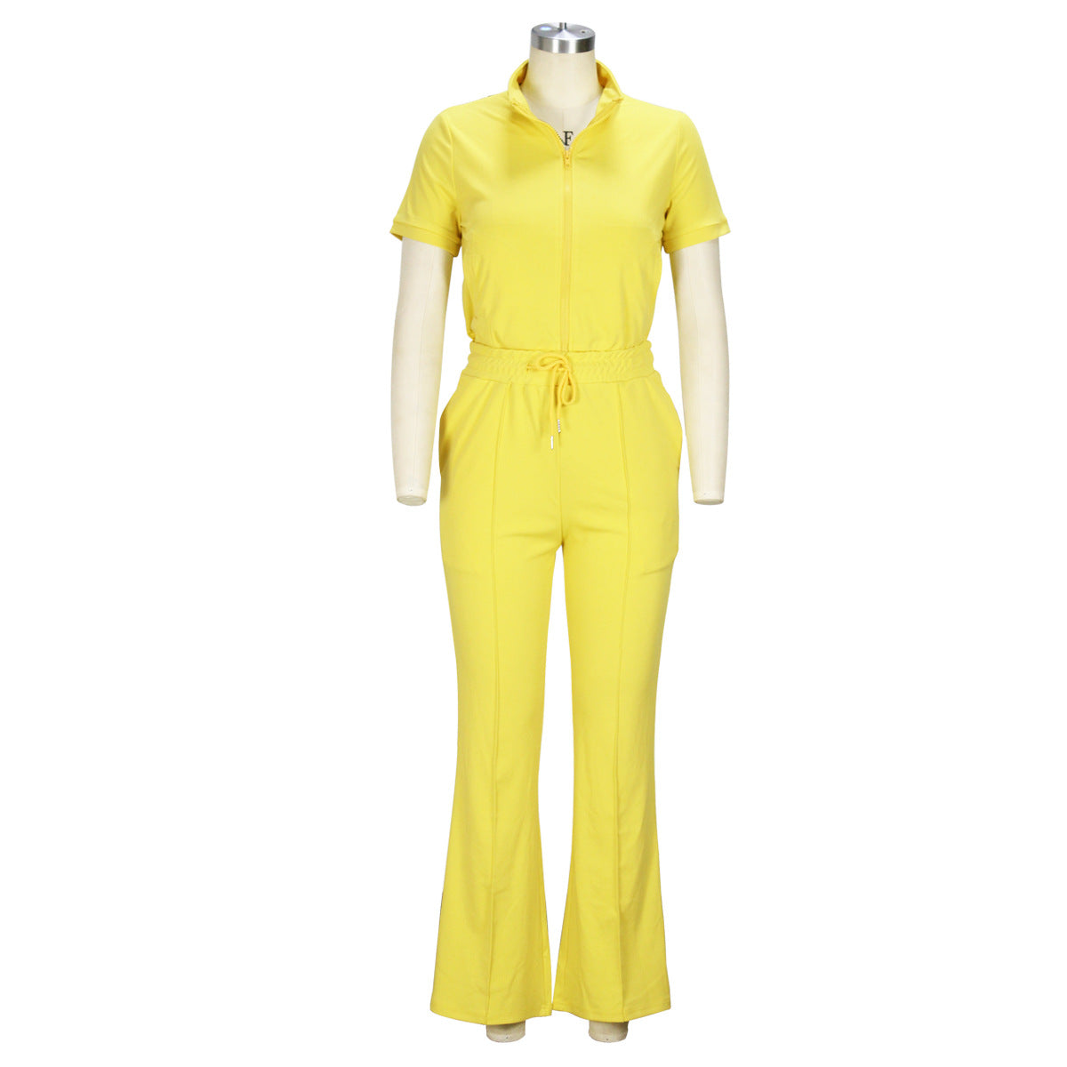 Women'S Spring Summer Short Sleeve Zip Top Bell Bottom Pants Casual Two-Piece Set 17