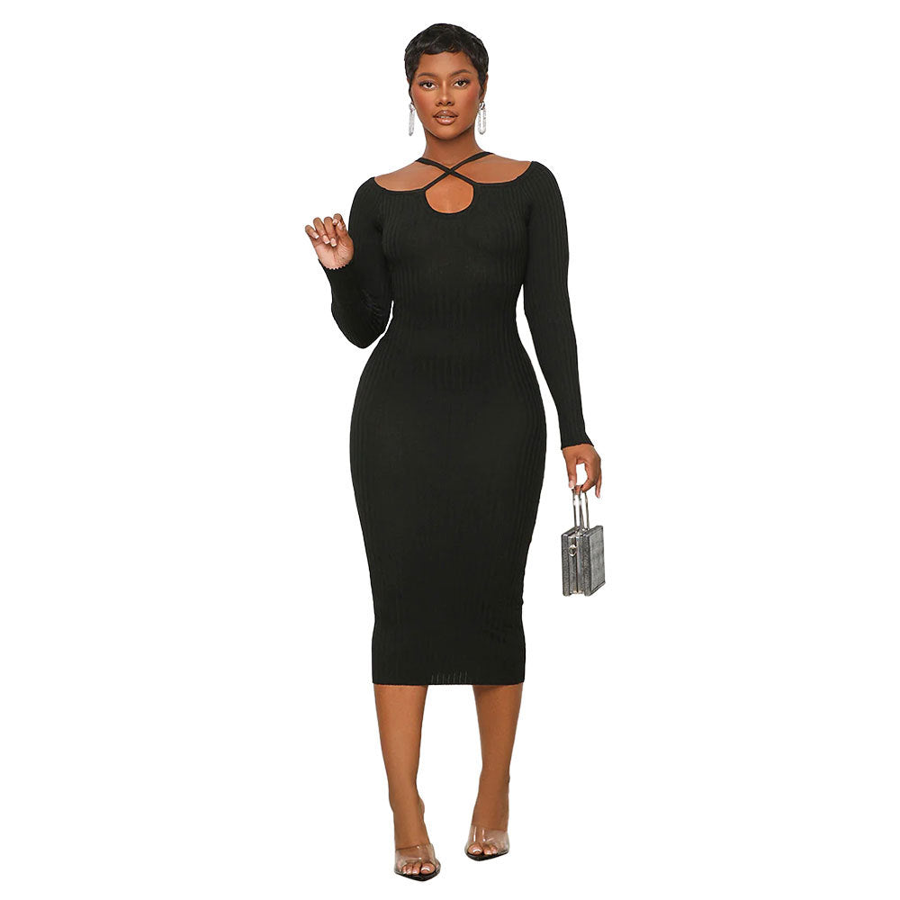 Autumn And Winter Long-Sleeved Chic Slim Sexy Halter Neck Knitting Bodycon Women's Dress 11
