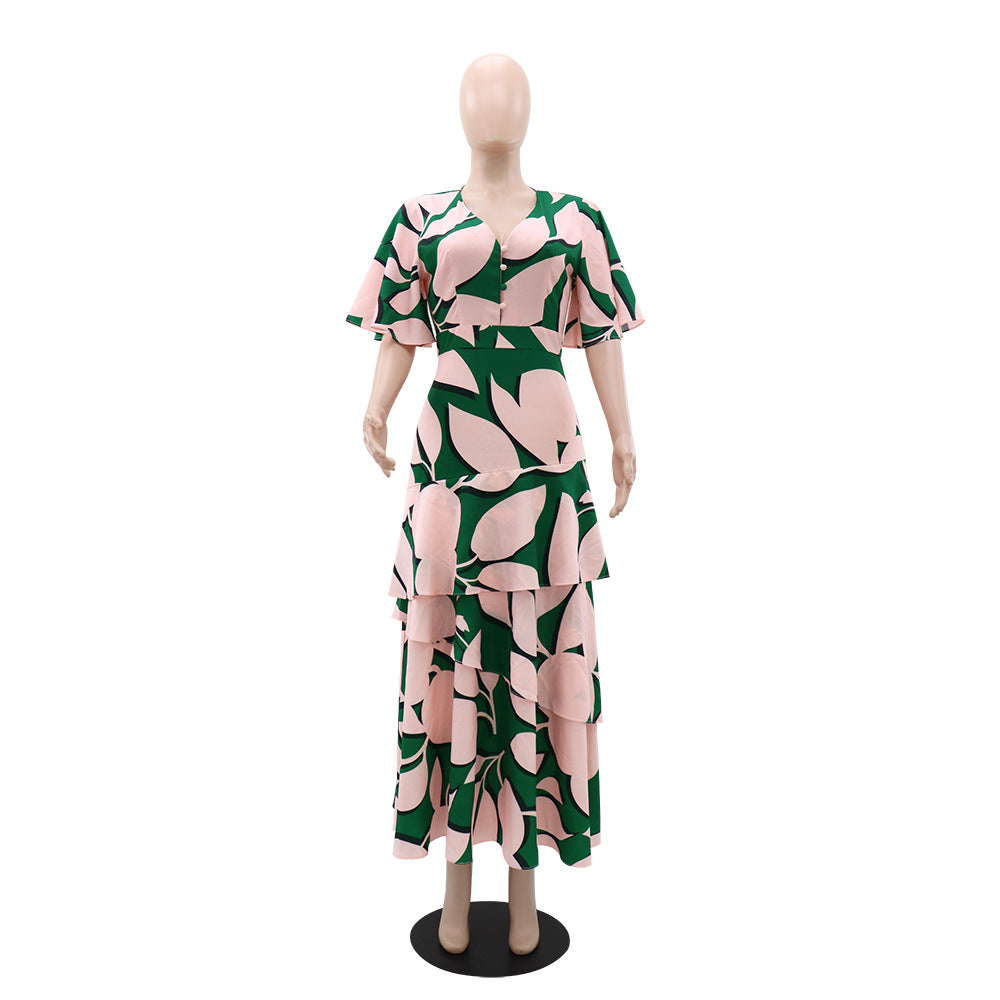 Women Casual Dress V-Neck Button Design Irregular Cascading Ruffles Dress 6