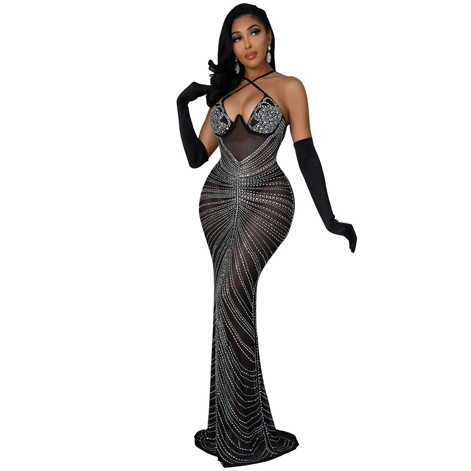 Summer Ladies Sexy Mesh Beaded Nightclub Strap Evening Dress 3