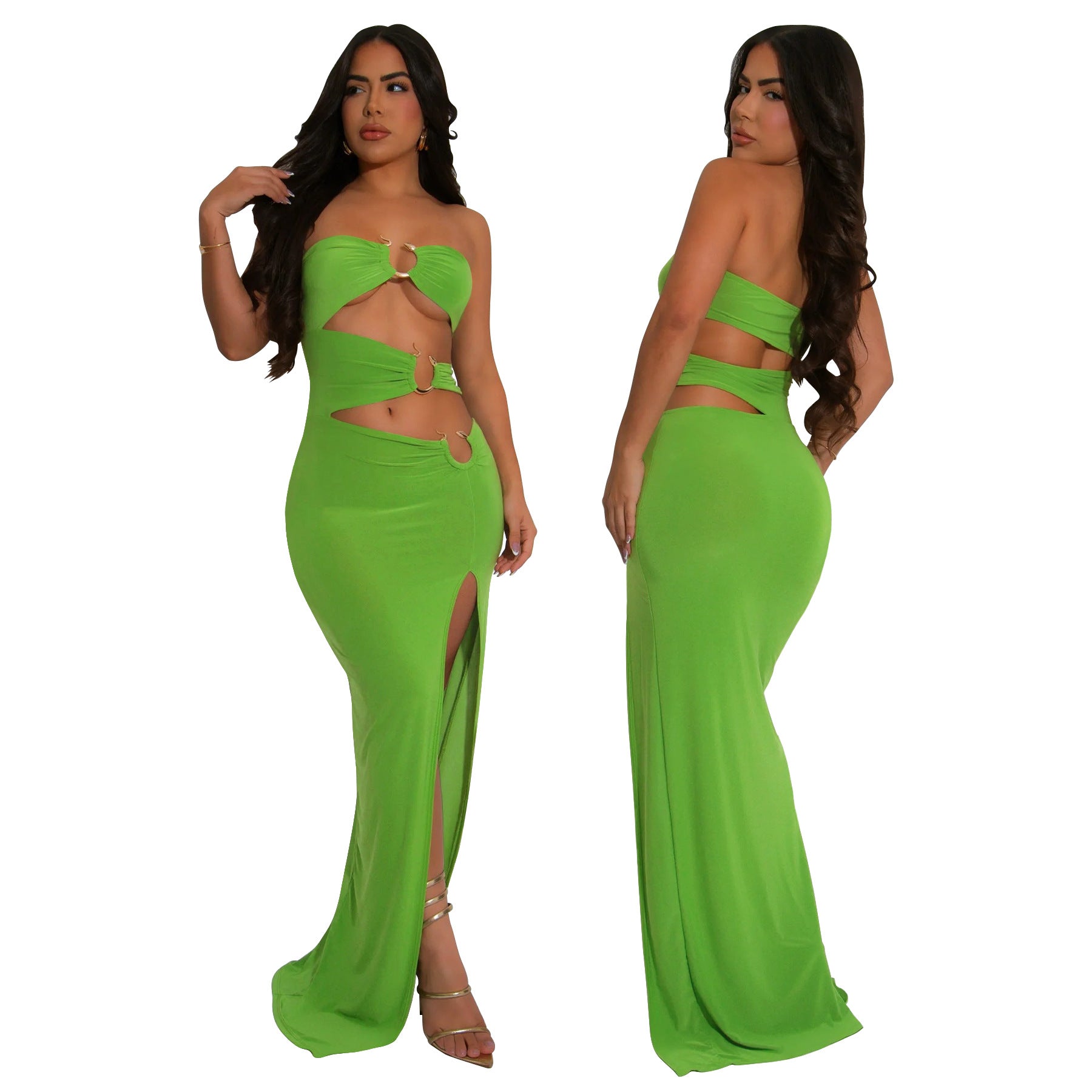 Fashion Women's Metal Decoration Solid Color Low Back Sexy Strapless Slit Long Dress 4