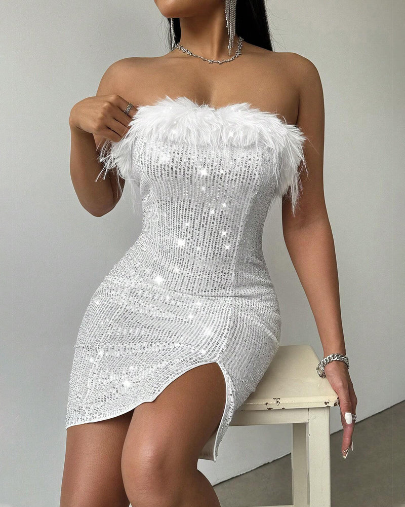 Women Patchwork Sequin Strapless Off-Shoulder Dress 7