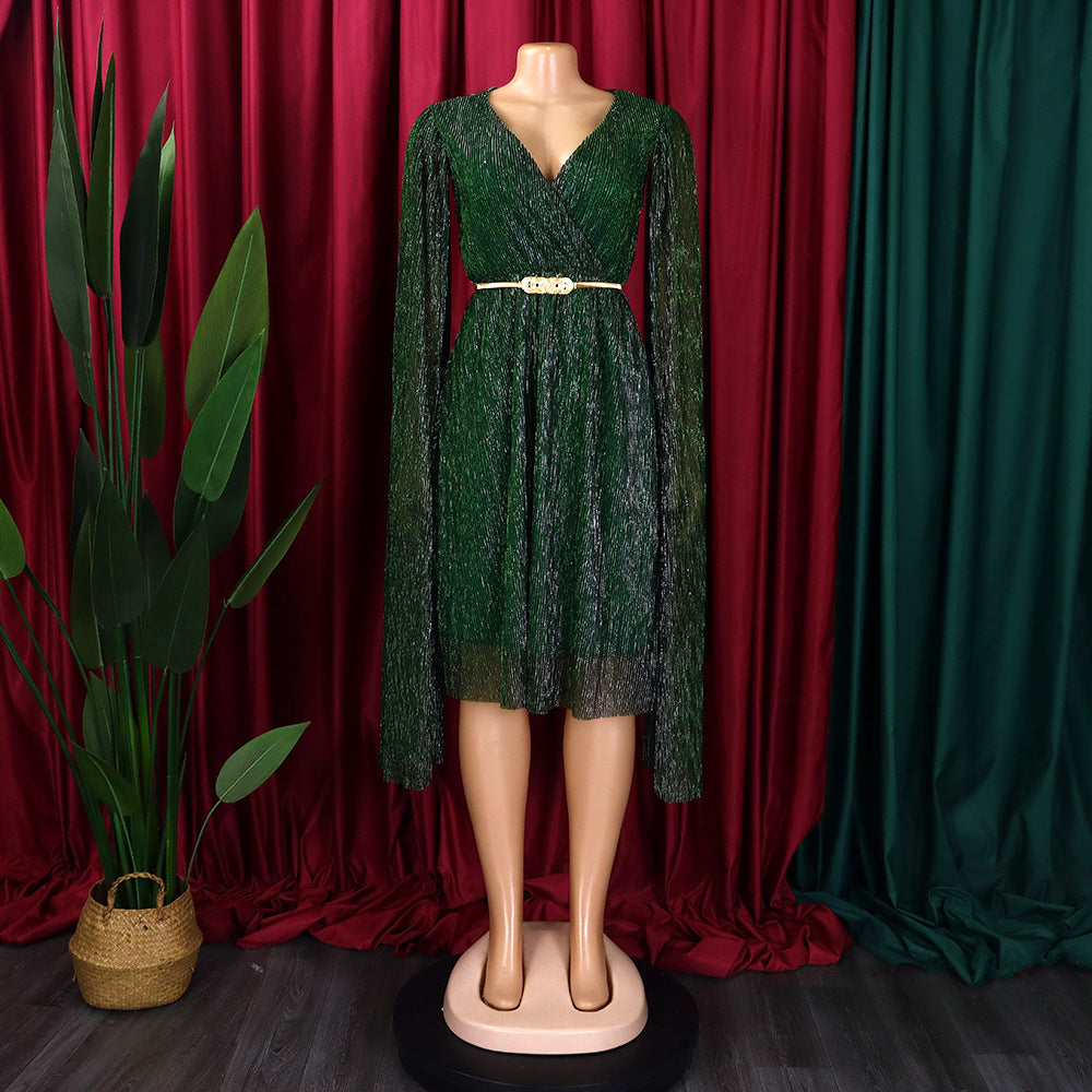 Belted V-Neck Chic Long Sleeve Cape Slim Waist Gown Dress 7