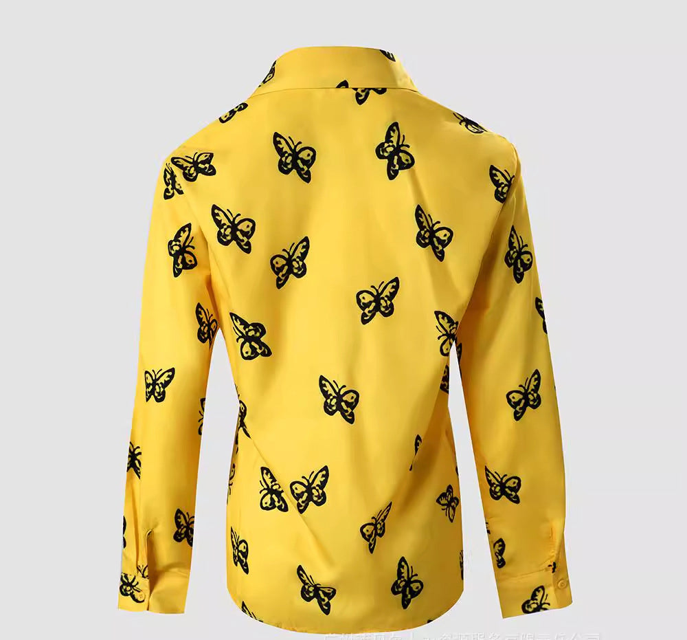 Women Butterfly Print Loose Turndown Collar Shirt 4