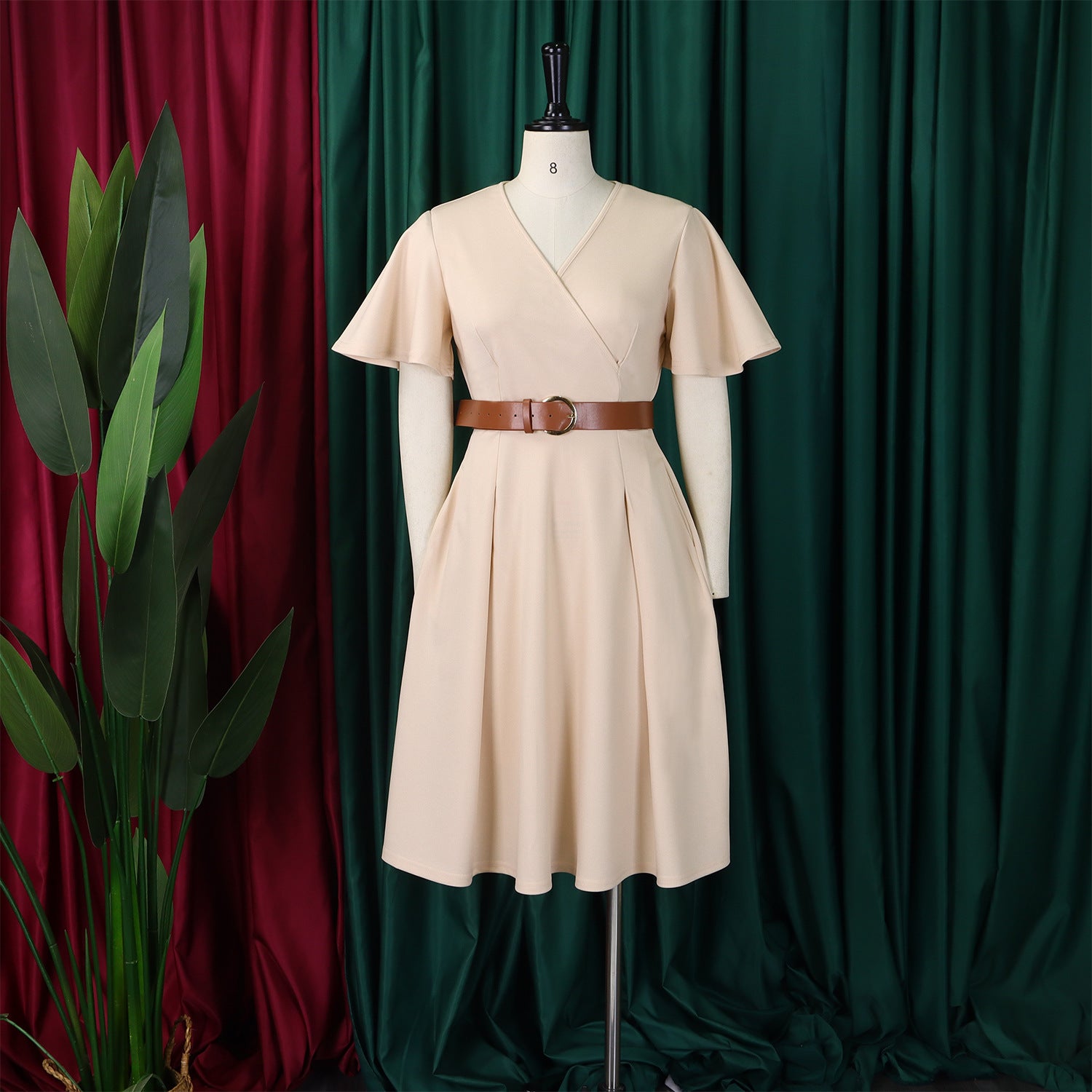 Plus Size Women Elegant Solid V-Neck Bell Bottom Sleeve African Dress 16