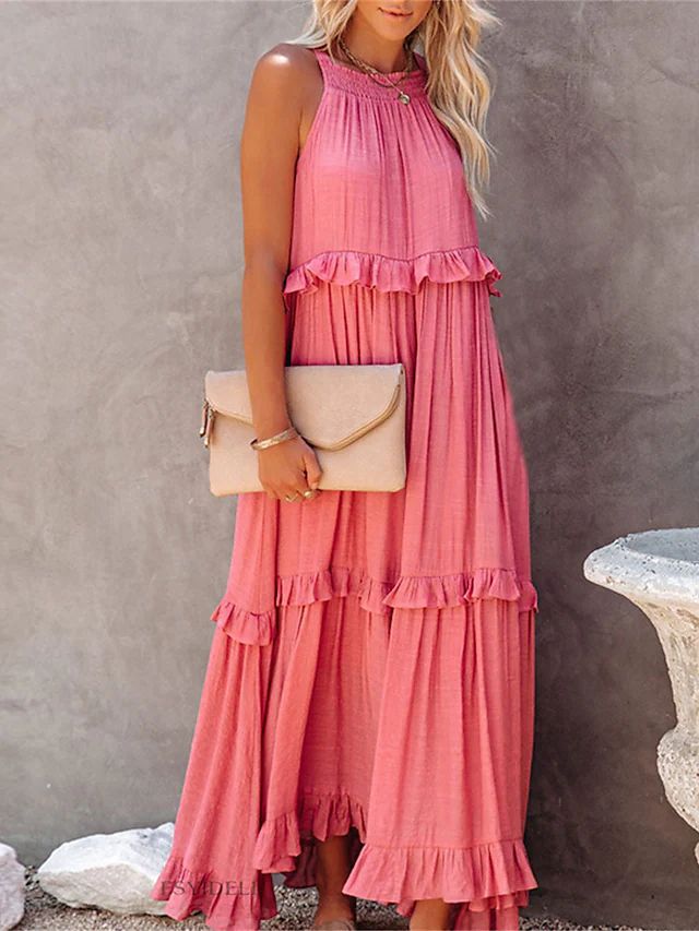 Summer Holidays Ruffle Long Dress Swing Elegant Beach Dress Women 13