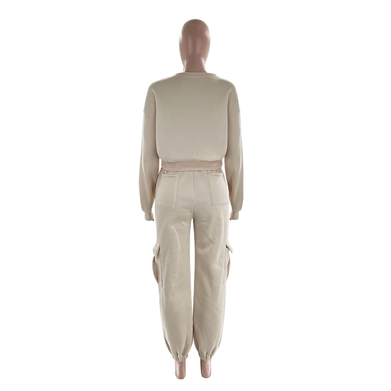 Women's Autumn Round Neck High Waist Hoodies Pocket Loose Sweatpants Suit 15