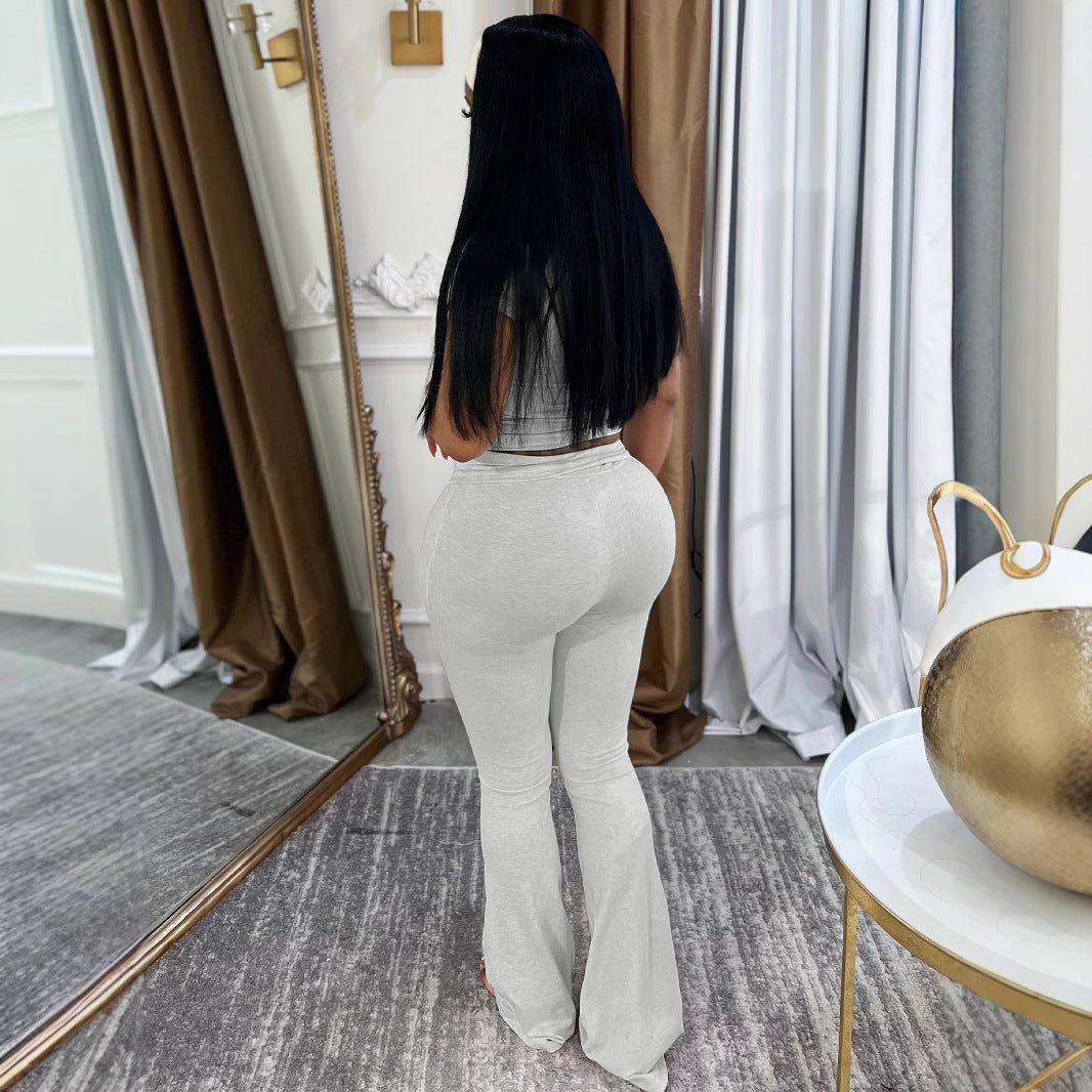 Women Casual with Headband Round Neck T-Shirt and Bell Bottom Pants Two-Piece Set 4