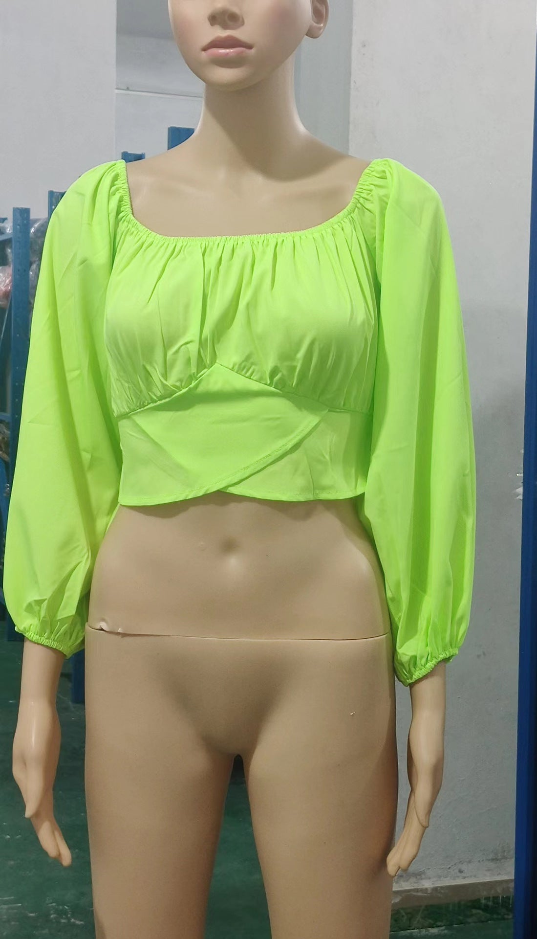 Top Women's Solid Color Lantern Sleeve Off Shoulder Sexy Puff Sleeve Crop Shirt 20