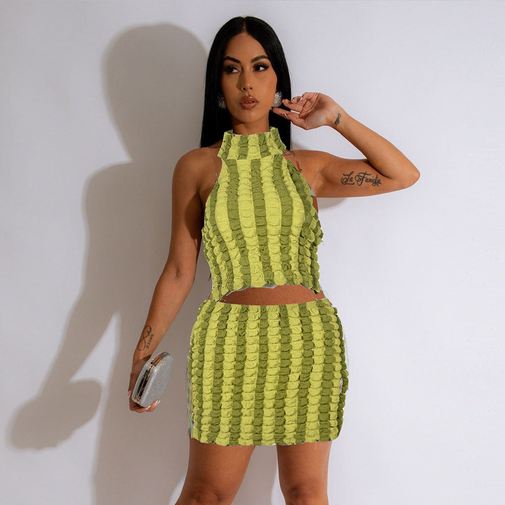 Women's Summer Halter Neck Low Back Crop Top and Skirt Two Piece Set