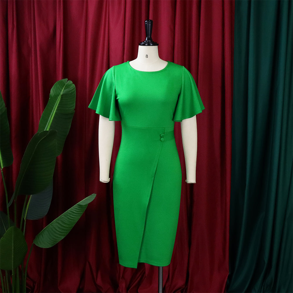 Autumn Professional Green Ruffle Sleeves Pencil Office Dress 5
