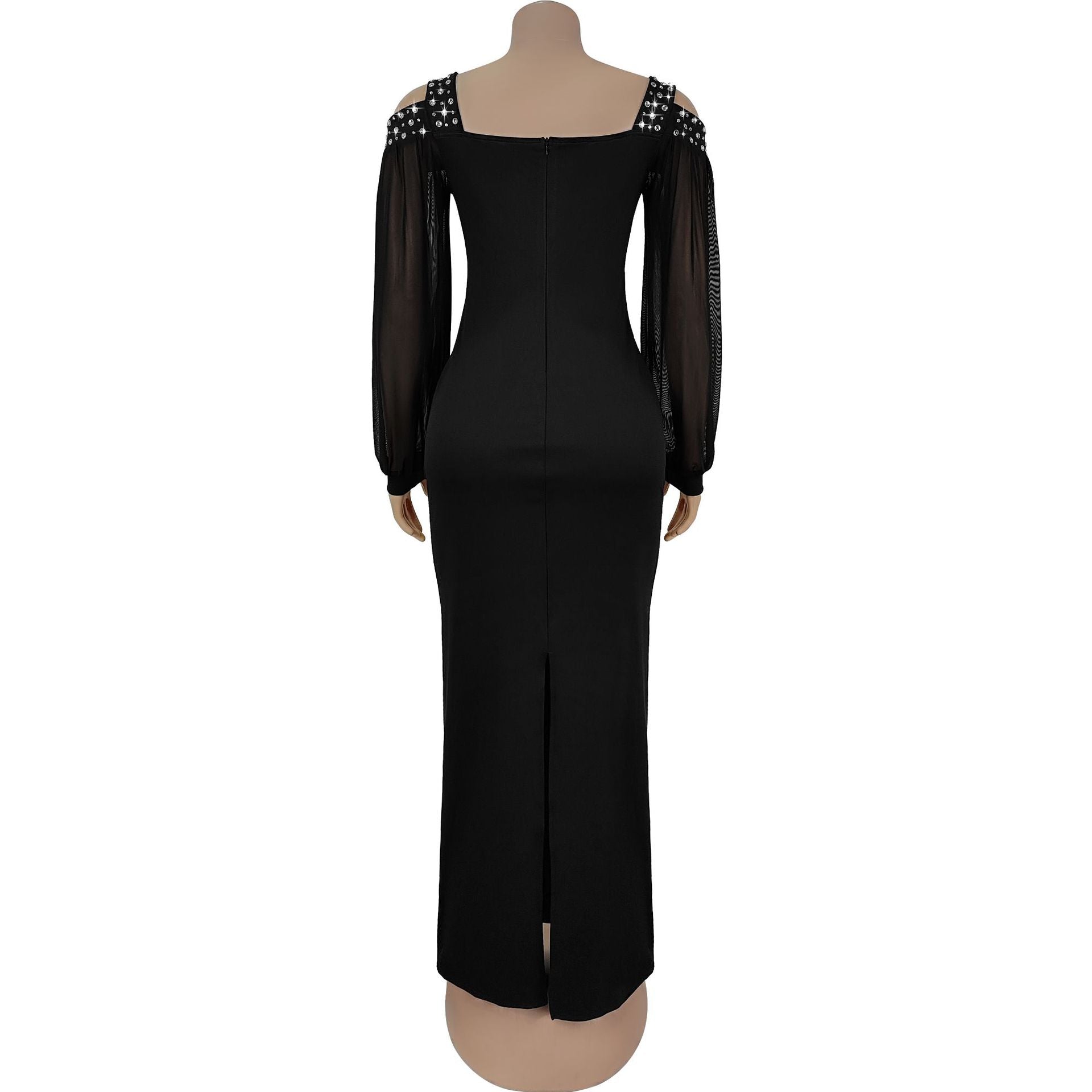 Fashion Women's Elegant Rhinestone Square Neck Mesh Slim Long Dress 5