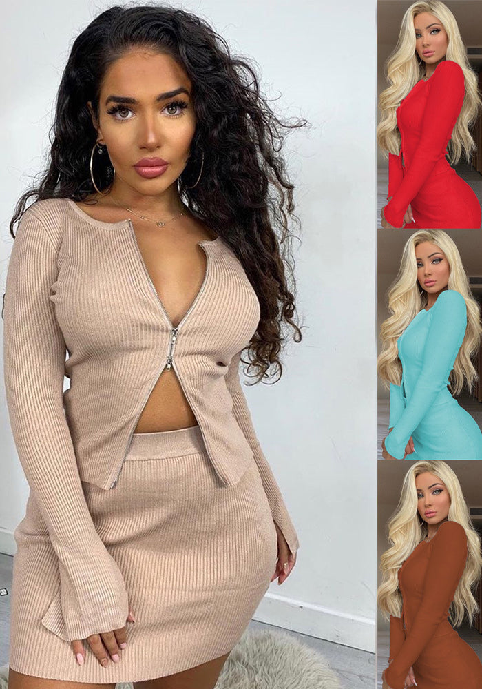 Spring Summer Women's Fashion Zipper Ribbed Long Sleeve Top & Short Skirt Two-Piece Set