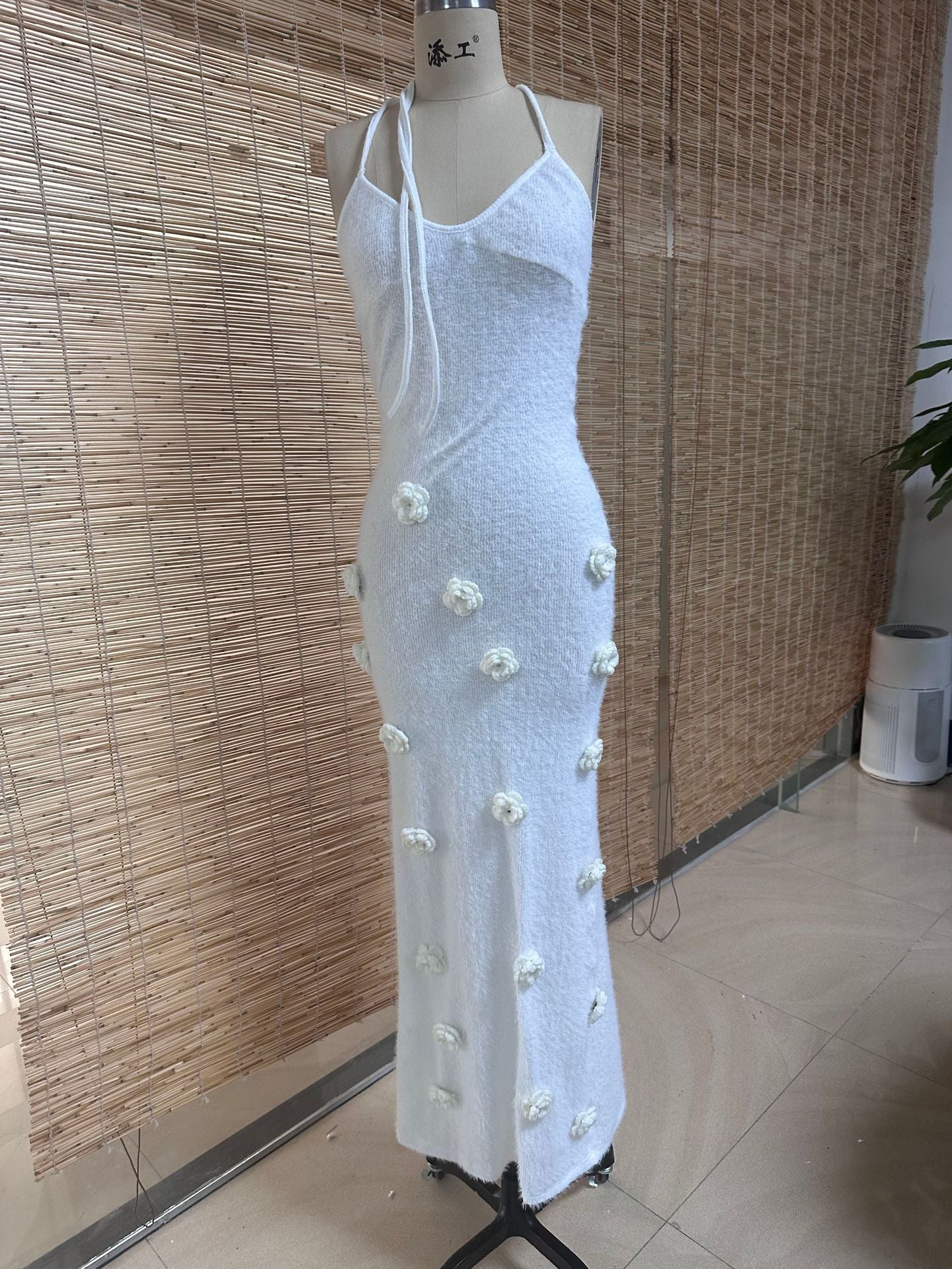 Women's Sexy Strap Knit Backless Flower Long Dress 8