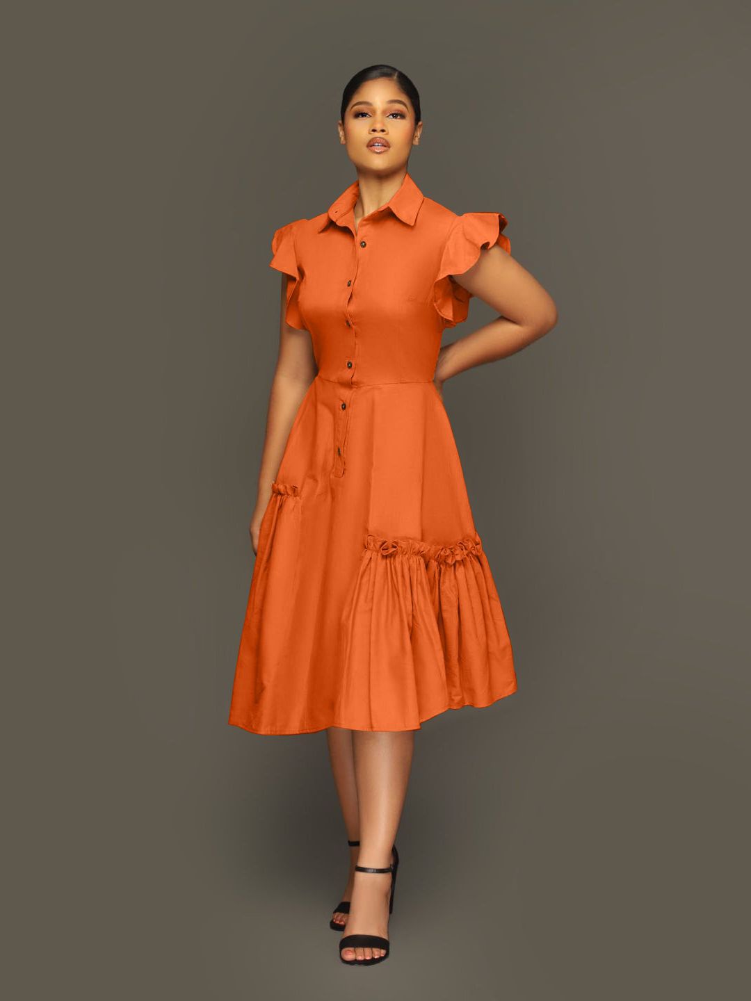 Trendy Shirt Collar Irregular Ruffle Edge Swing Dress