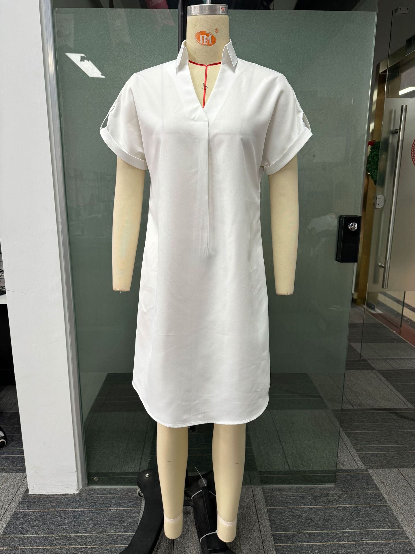 Women Sexy Solid V Neck Short Sleeve Turndown Collar Solid Dress 4