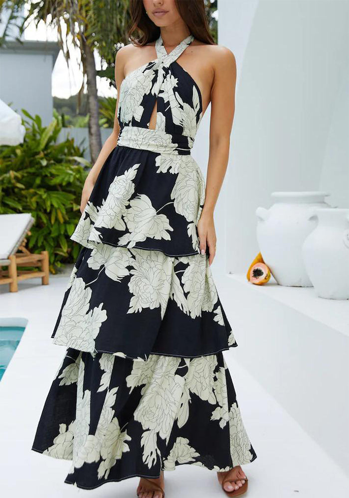 Women Spring Summer Sexy Printed Cascading Ruffles Dress
