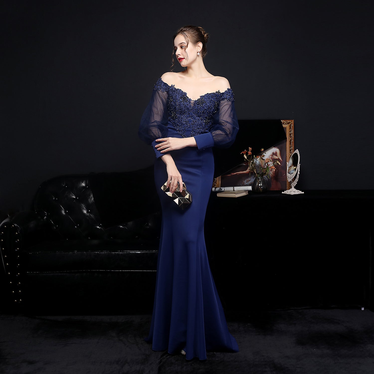 Women Elegant Lace Off Shoulder Mesh Long Sleeve Trail Evening Dress 9