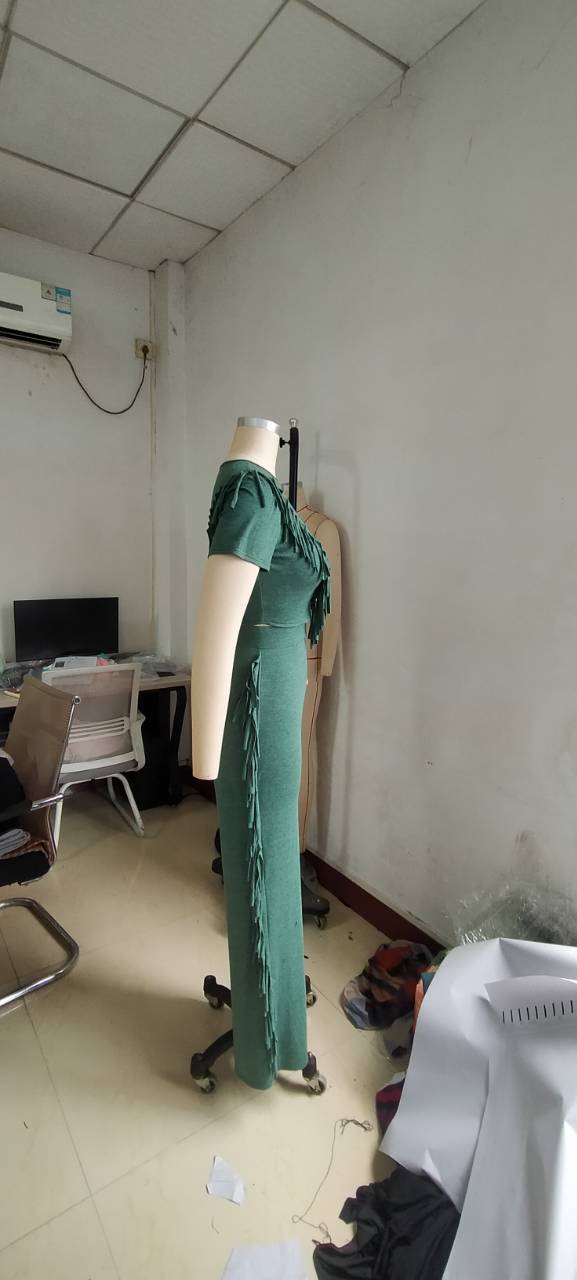 Solid Color Casual Short Sleeve Tassel Wide Leg Two-Piece Pants Set 12