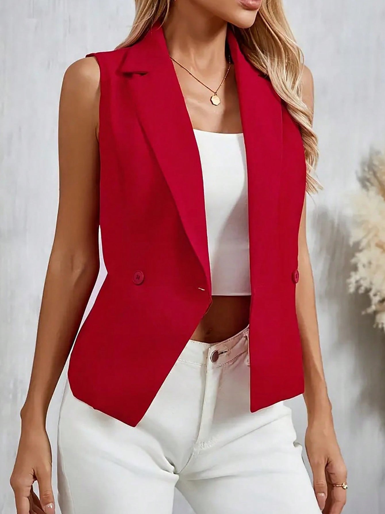 Women's Chic Turndown Collar Two-Button Sleeveless Vest Solid Color Outerwear 5