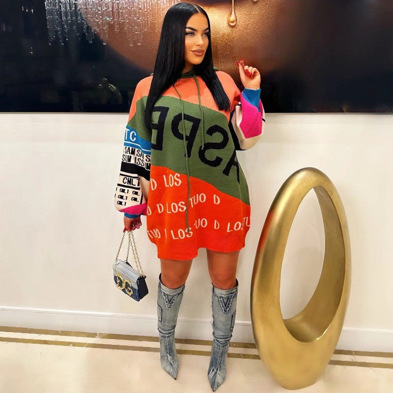 Women Autumn and Winter Hooded Drawstring Long Sleeve Color Block Letter Loose Sweater