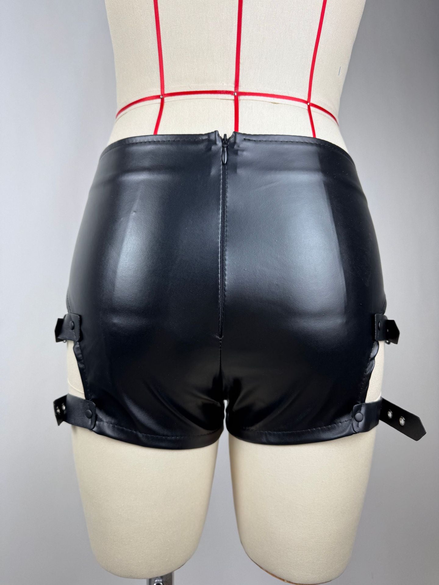 PU Leather Stretch Tight Fit Hollow-out High Waist Shorts 5