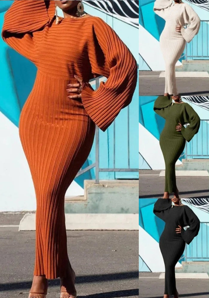 Spring Long Sleeve Solid Color Ribbed Bodycon Dress