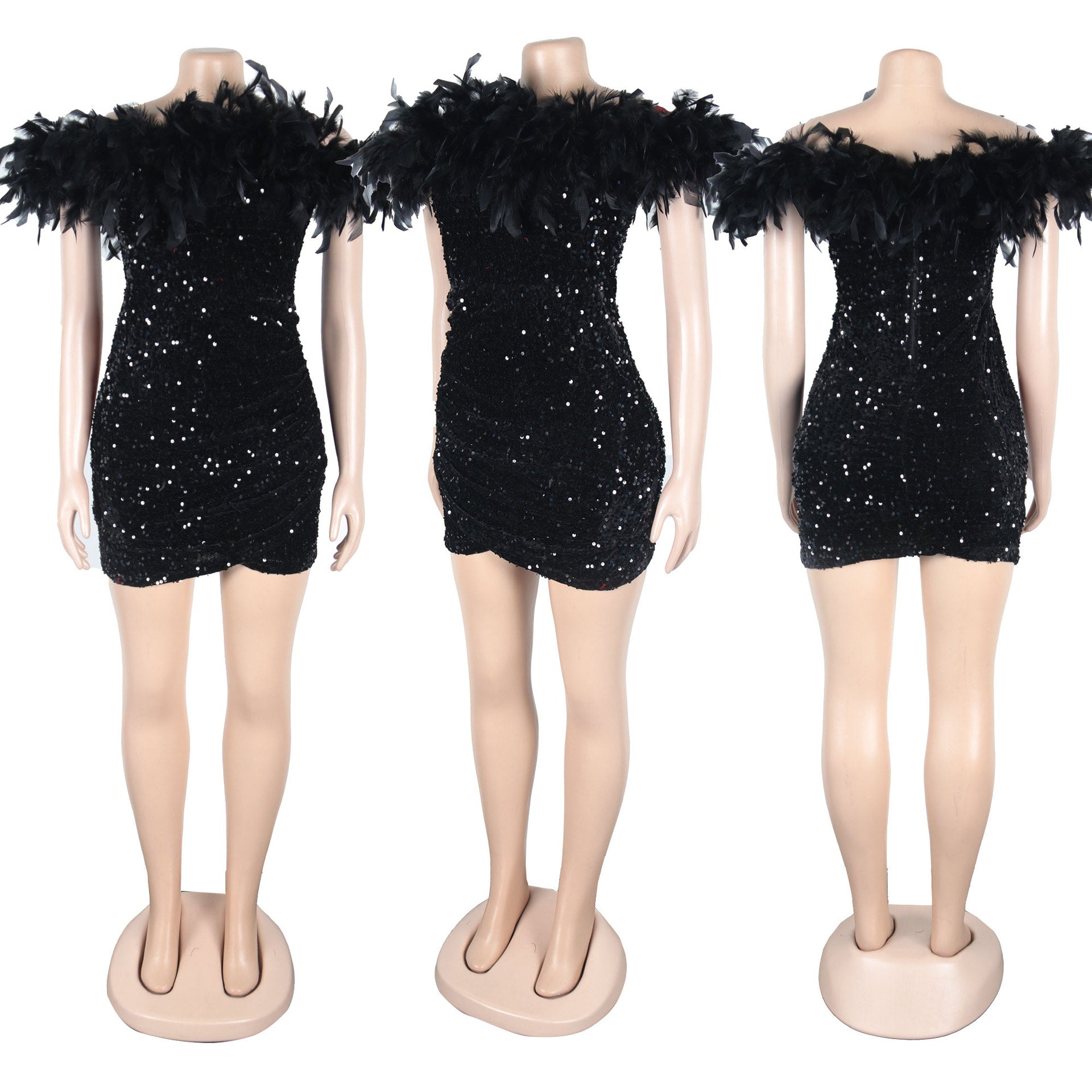 Sexy Sequin Feather Off Shoulder Bodycon Dress 41
