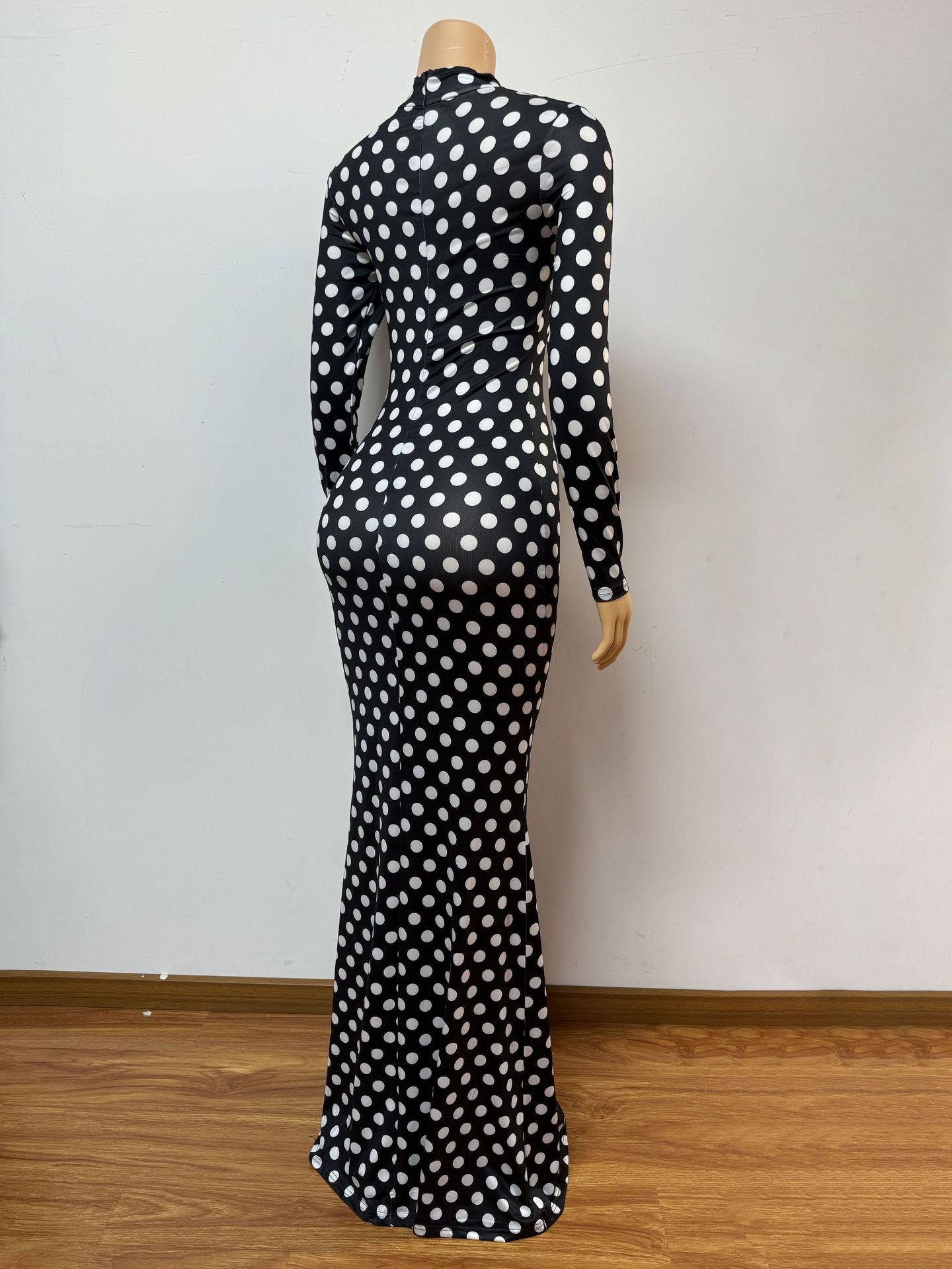 Women printed half-high collar hollow sexy long-sleeved polka dot dress 7