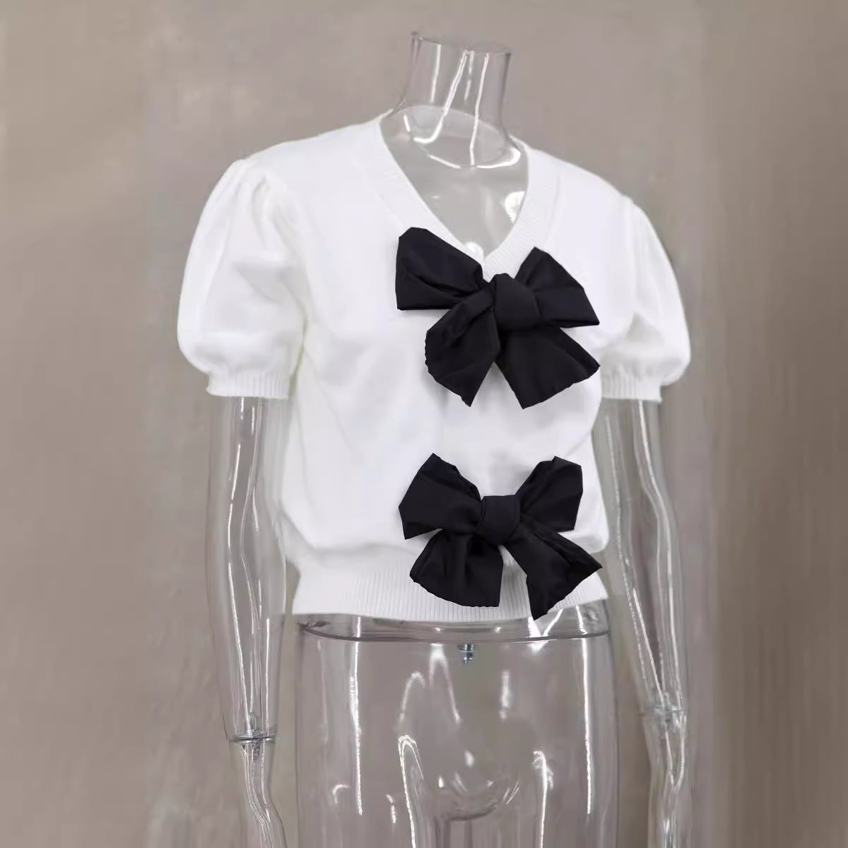 Women Spring V-neck Short Sleeve Bowknot Solid Sweater 11