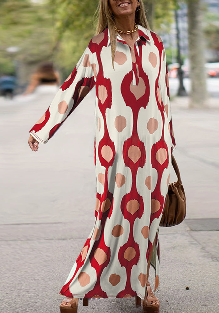 Plus Size Women Turndown Collar Long Sleeve Slit Loose Dress