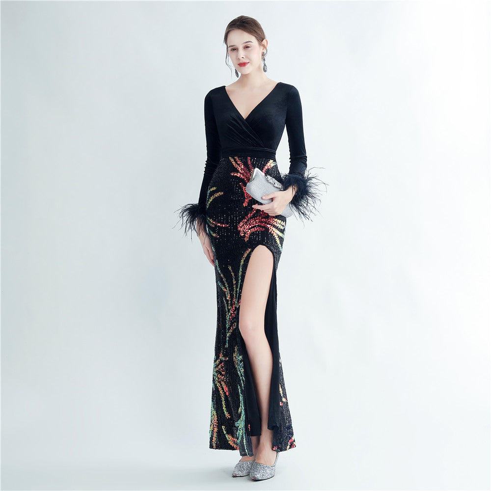 feather sequin velvet side slit long-sleeved evening dress 3