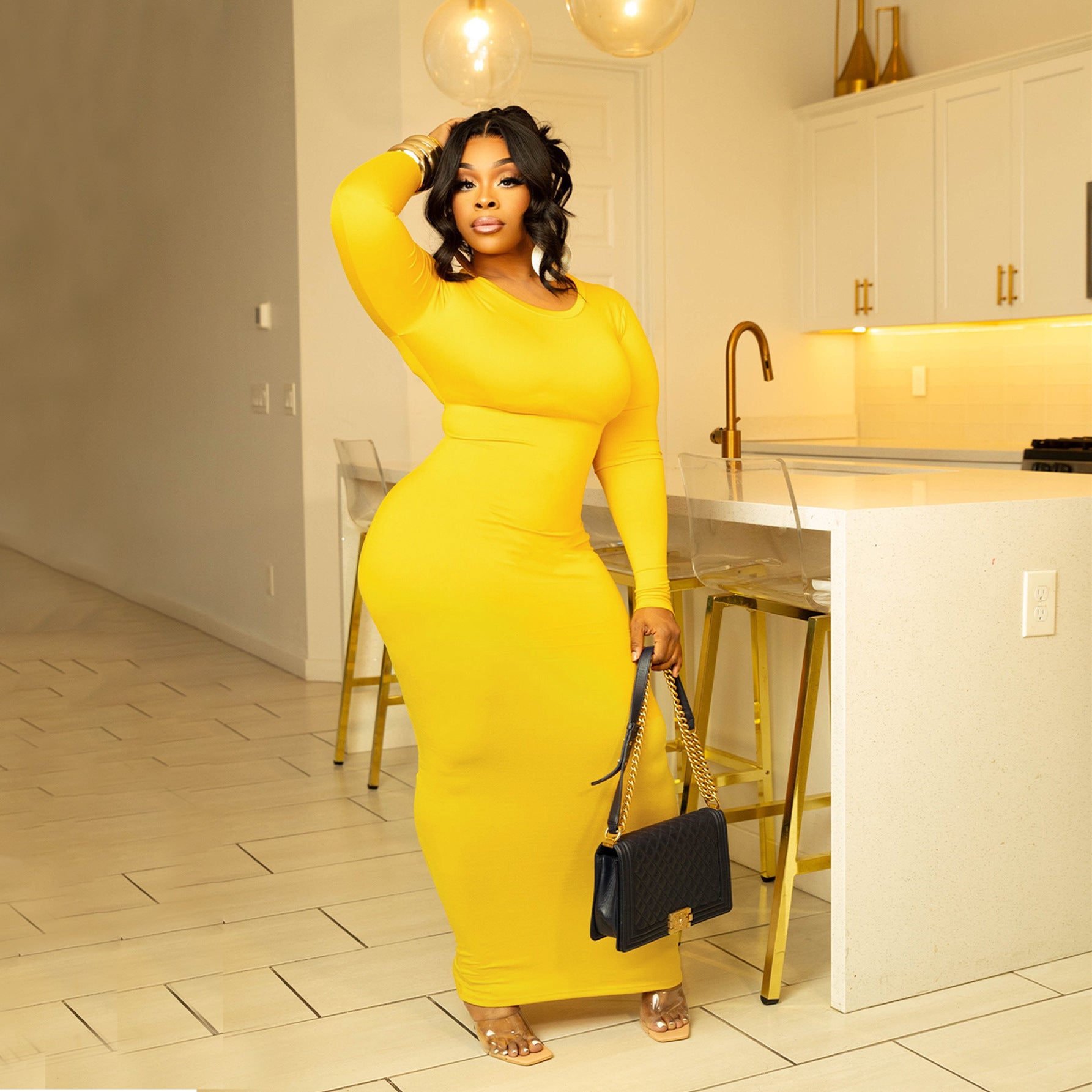 Fashion Women Solid Color Round Neck Long Sleeve Sexy Slim Long Dress 9