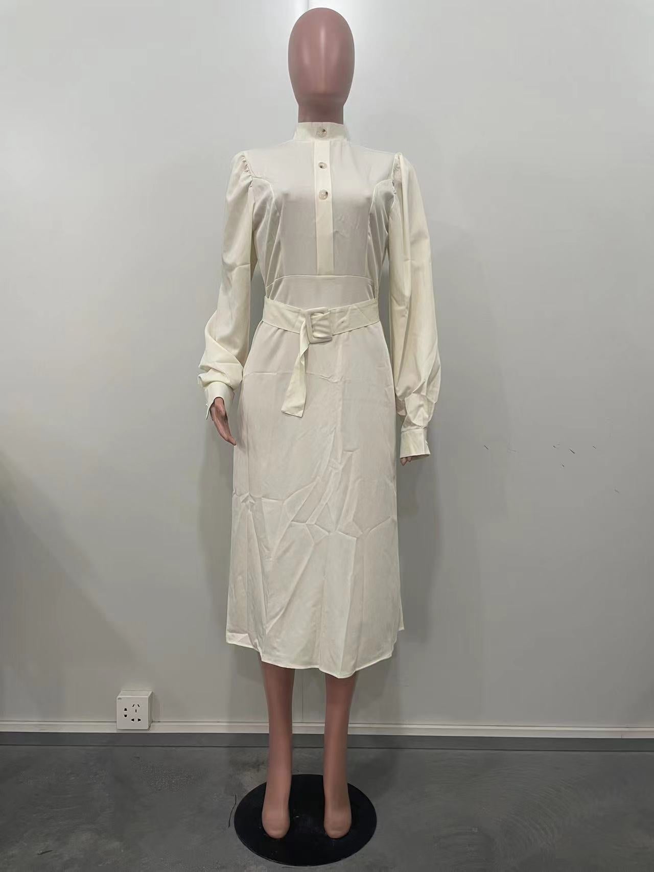 Women Solid Mid-High Neck Long Sleeve Dress 7