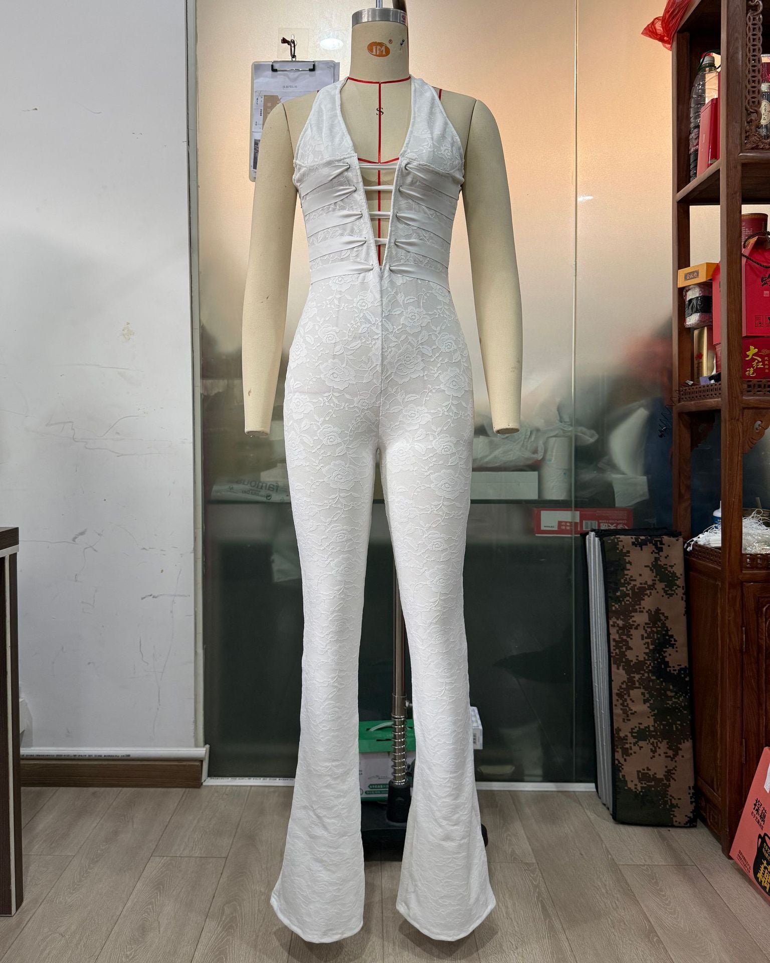 Sexy See-Through Lace Halter Lace-Up Slim-Fit Flare leg Jumpsuit 3