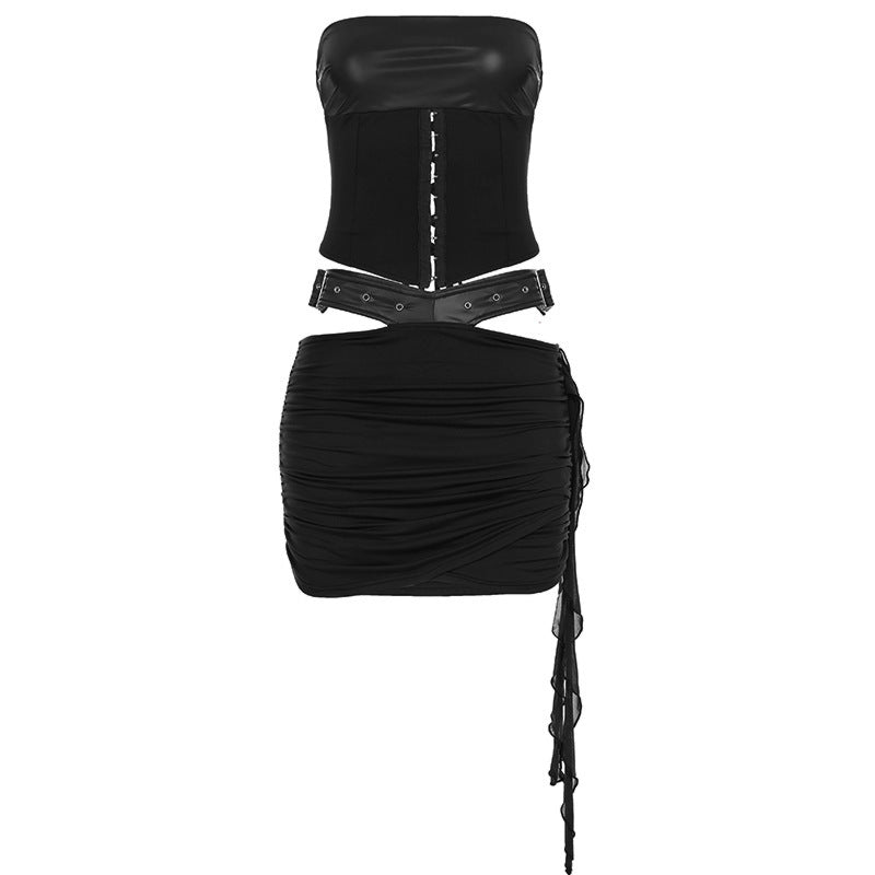 Slim Waist Lace-Up Strapless Top Leather Hollow Bodycon Skirt Two Piece Set 5