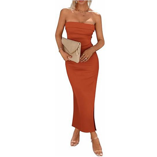 Women Side Slit Strapless Ribbed Dress 12