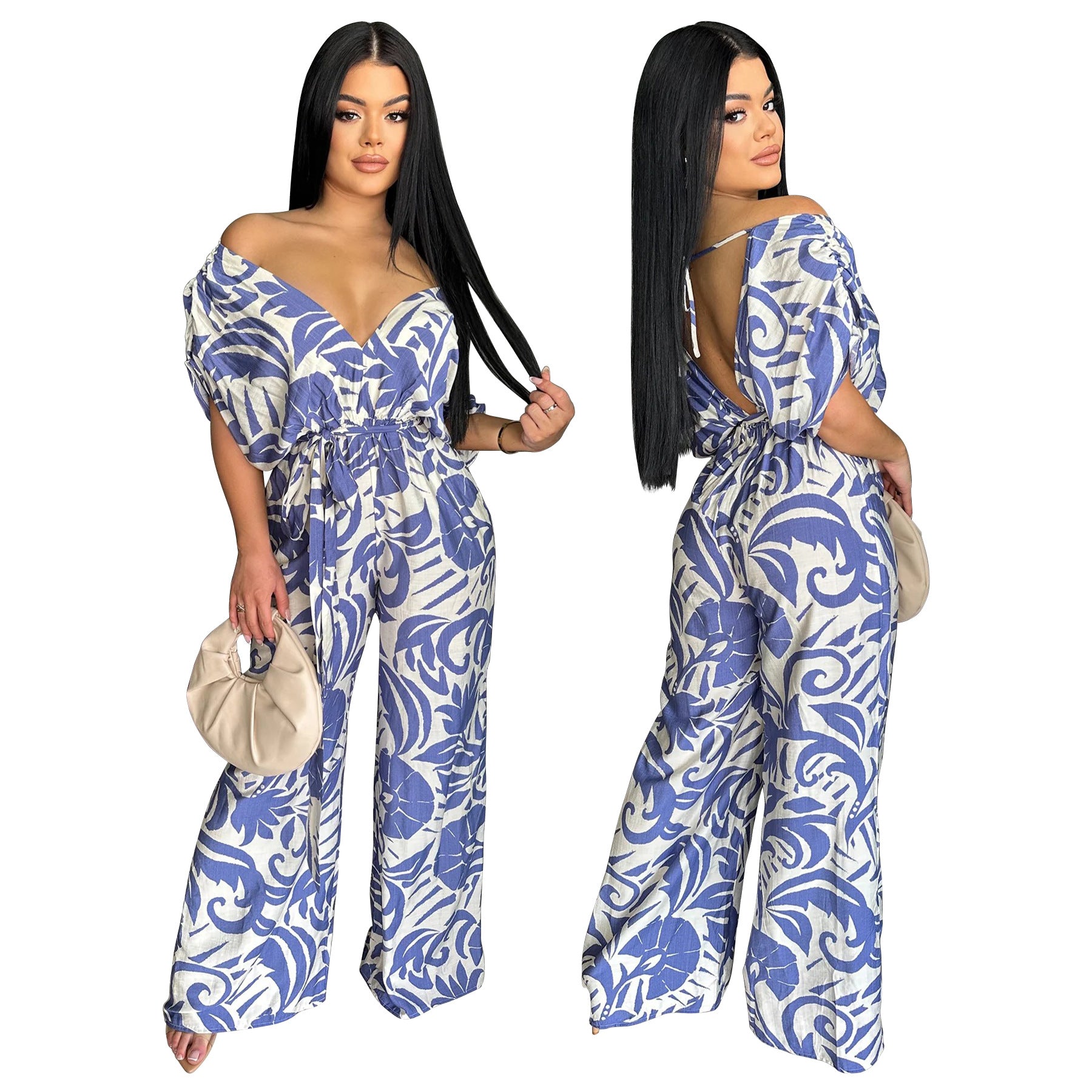 Women Off Shoulder Bat Sleeves Print Wide Leg Jumpsuit