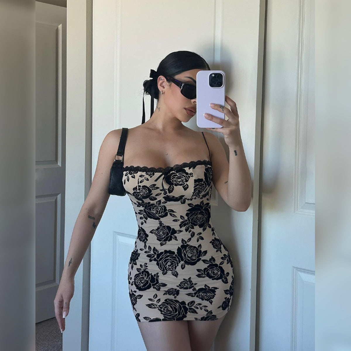 Spring Women's Fashion Low Back Strap Slim Retro Print Bodycon Dress 3