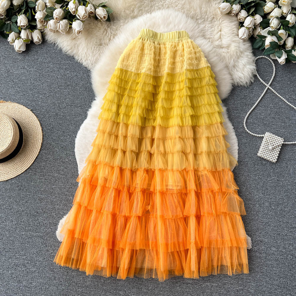 Women  Irregular Gradient Cascading Ruffles Puffy Mesh Skirt 35