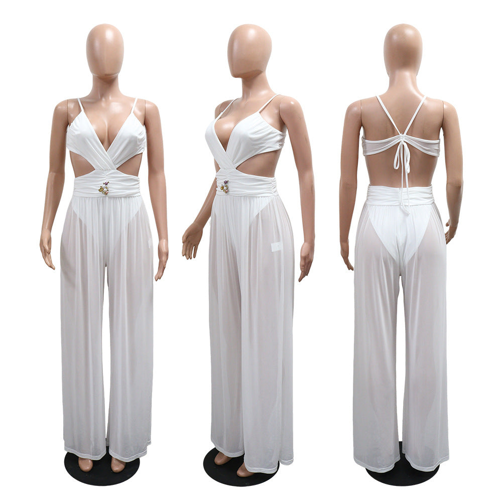 Sexy V-Neck Tie Low Back See-Through Jumpsuit with Long Pants for Women 6