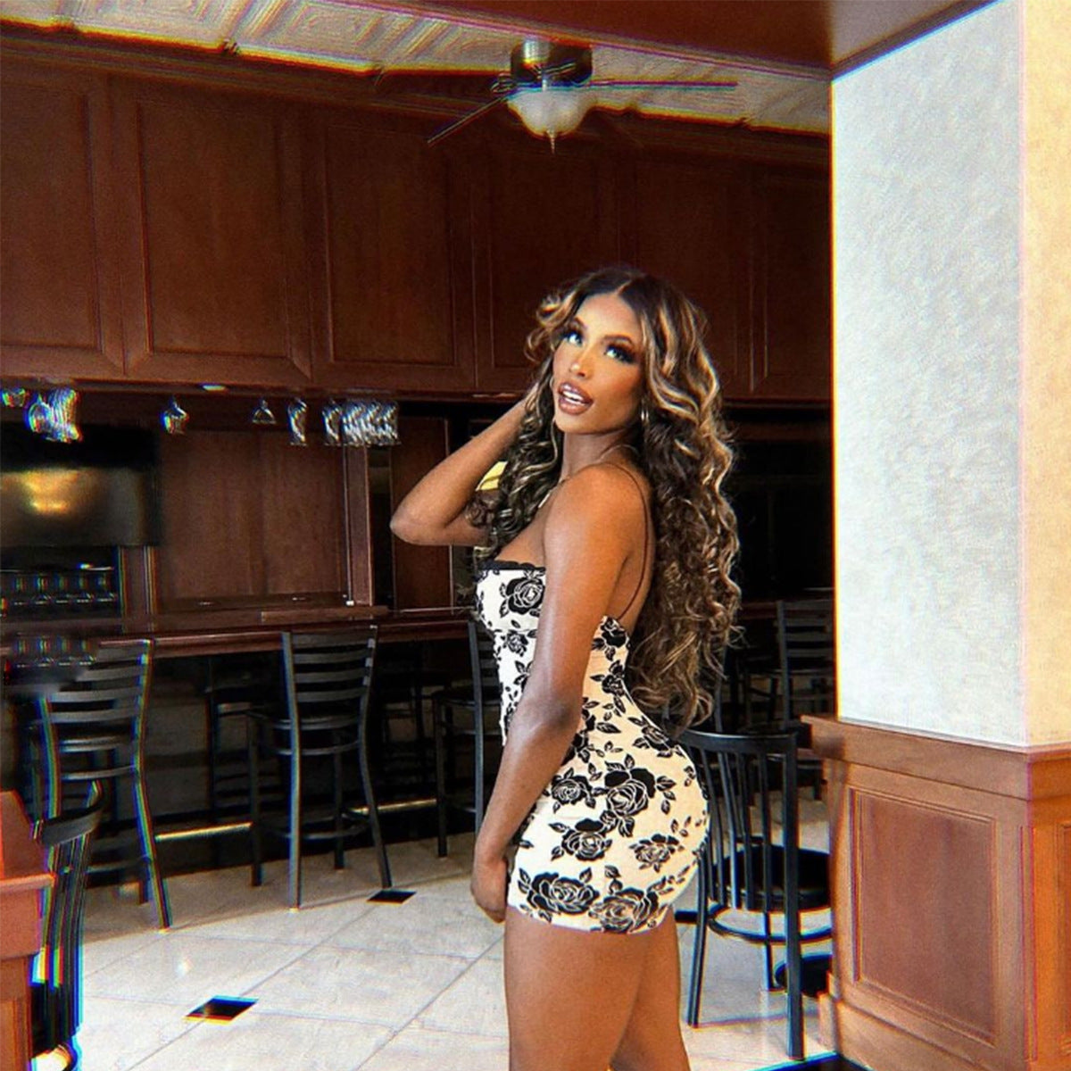 Spring Women's Fashion Low Back Strap Slim Retro Print Bodycon Dress 5