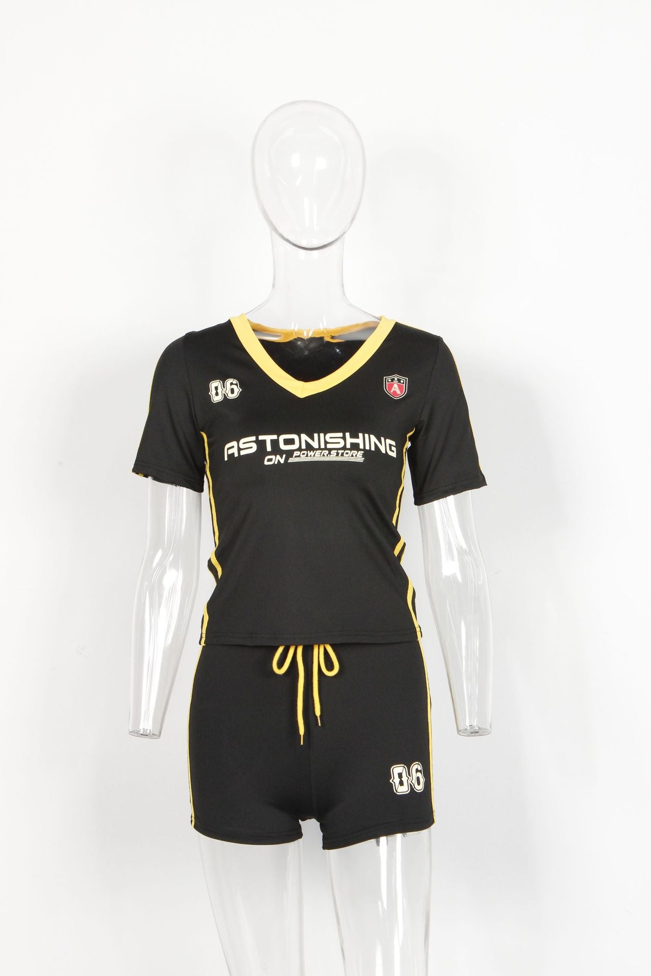 Women Spring Sexy Printed Short-sleeved V-neck Top And Lace-up Shorts Two Piece Set 20