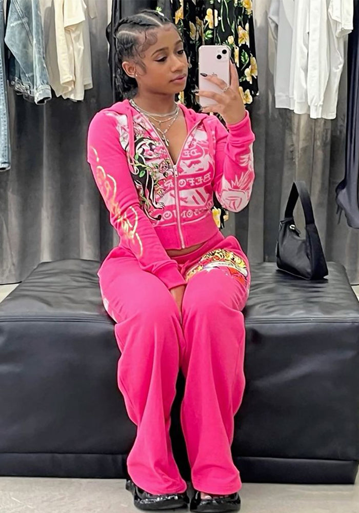 Women Printed Zipper Top and High Waist Straight Pants Two-piece Set