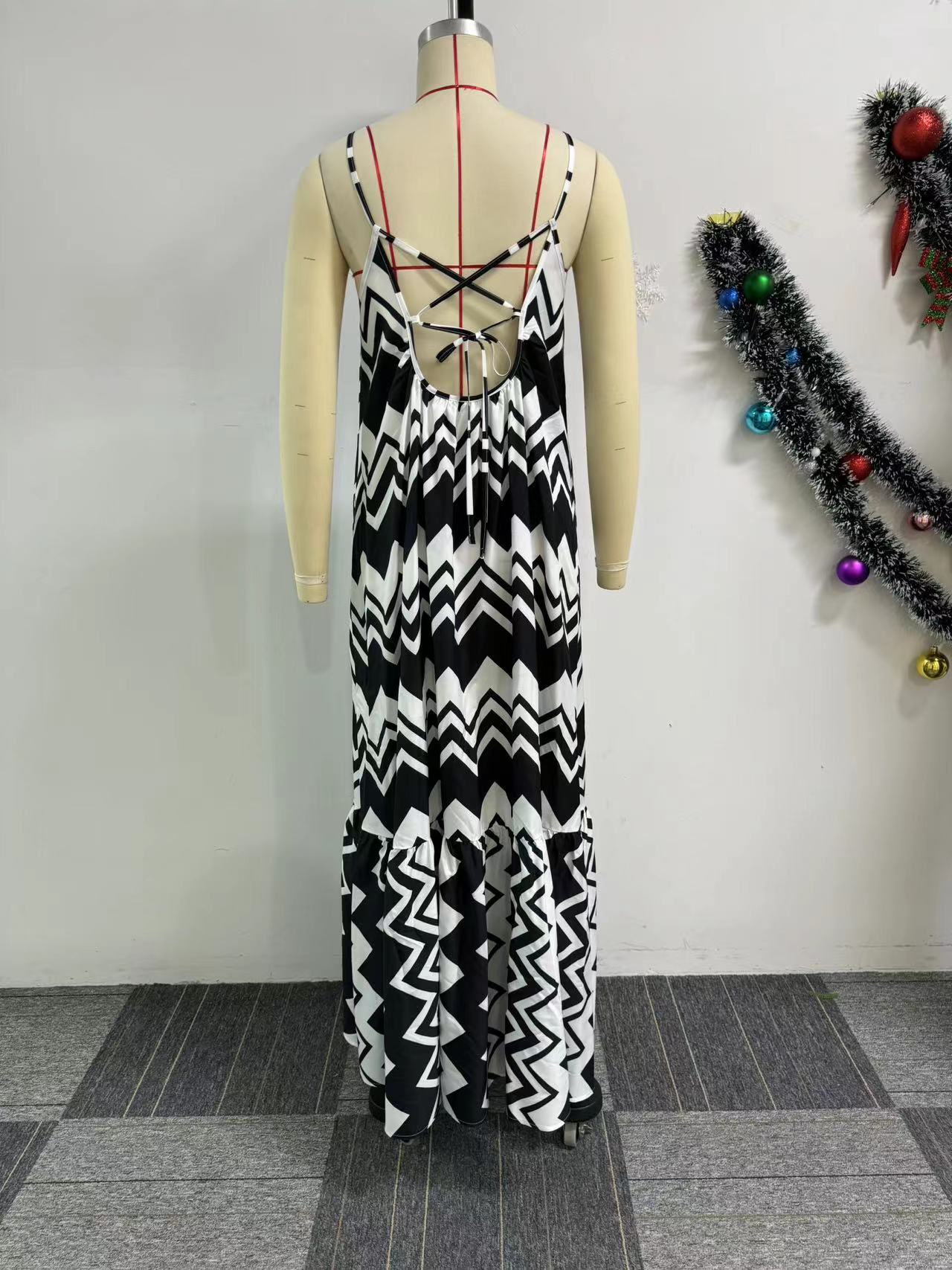 Strap Print Strap Low Back Casual Loose Long Dress 7