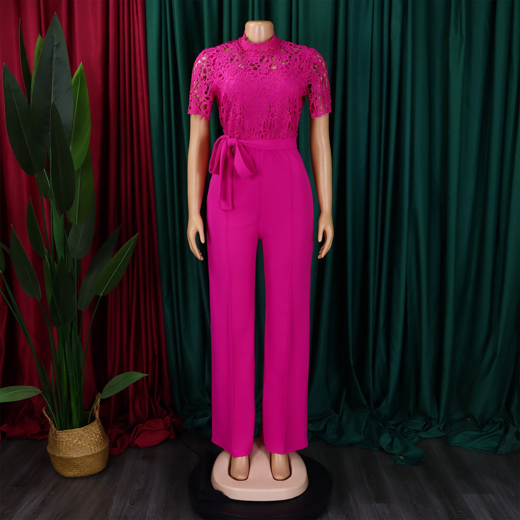 Women's Sexy Lace Hollow Short Sleeve Belt High Waist Wide Leg Jumpsuit 25