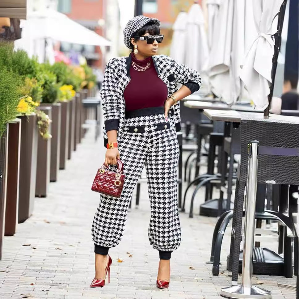 Women Casual long-sleeved Top and Pant houndstooth two-piece set