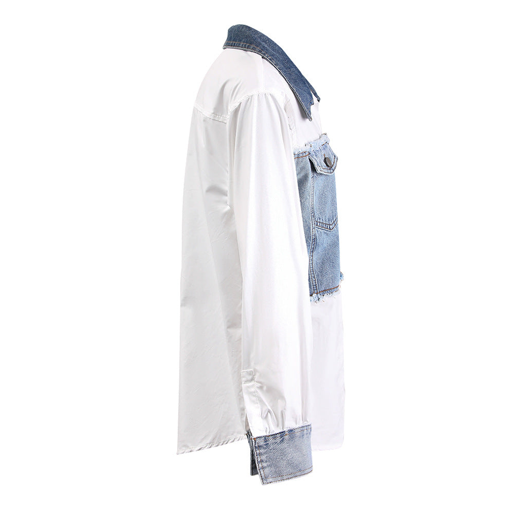 Women American Retro Color-blocking Patchwork Denim Shirt 3