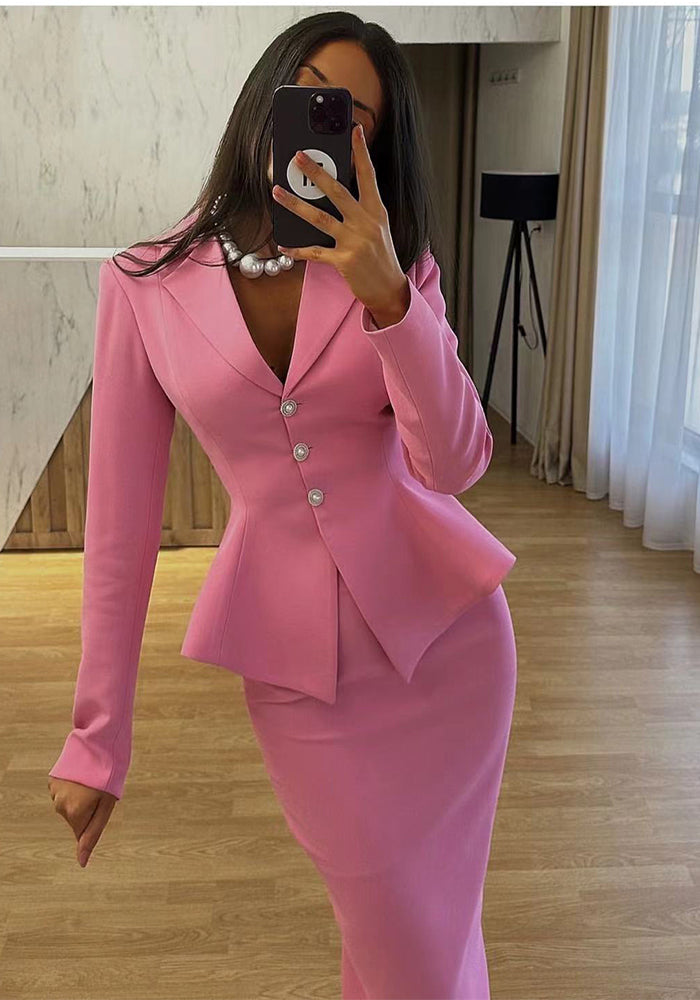 Autumn Women Turndown Collar Single-Breasted Slim Fit Coat + Mid-Length Skirt Set